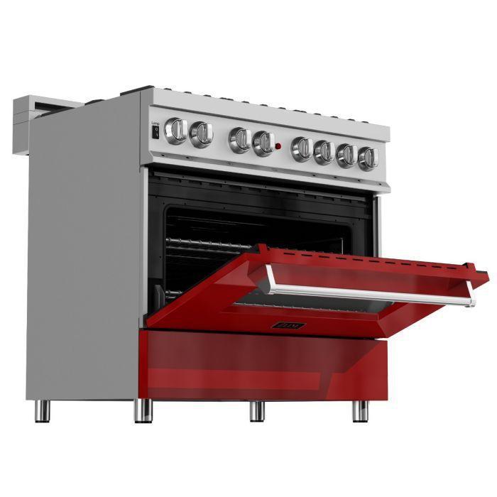 ZLINE Appliance Package - 36" Dual Fuel Range in DuraSnow® with Red Gloss Door & 36" Range Hood - 2KP-RASRGRH36
