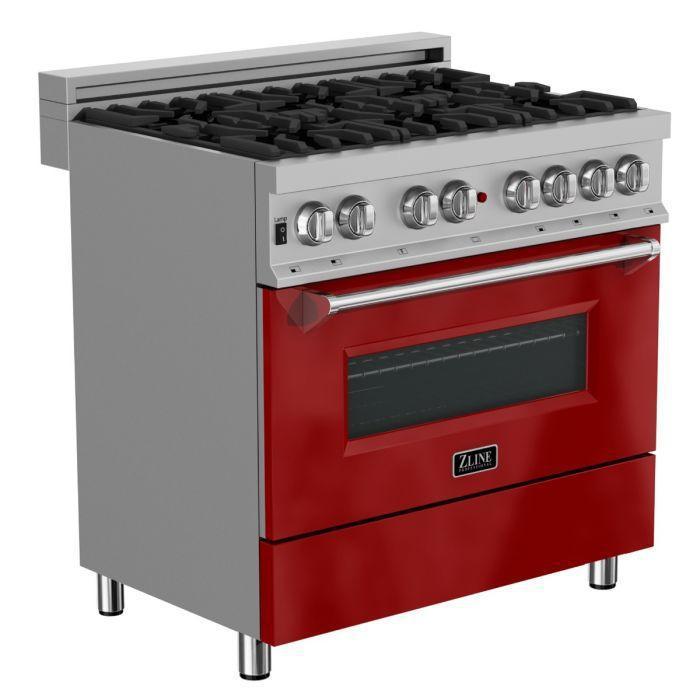 ZLINE Appliance Package - 36" Dual Fuel Range in DuraSnow® with Red Gloss Door & 36" Range Hood - 2KP-RASRGRH36