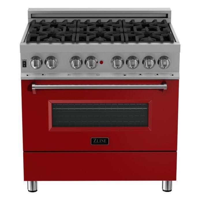 ZLINE Appliance Package - 36" Dual Fuel Range in DuraSnow® with Red Matte Door & 36" Range Hood - 2KP-RASRMRH36