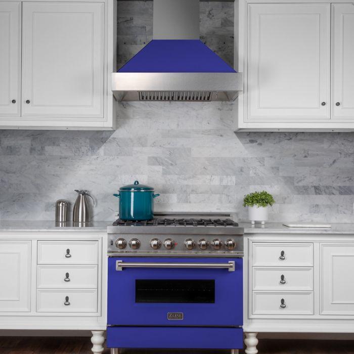 ZLINE Appliance Package - 36" Dual Fuel Range with Blue Matte Door & 36" Range Hood - 2KP-RASBMRH36