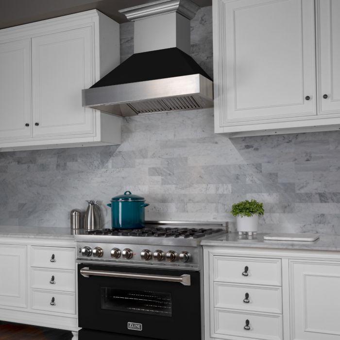 ZLINE Appliance Package - 36" Professional Gas Range in DuraSnow® with Black Matte Door & 36" Range Hood - 2KP-RGSBLMRH36