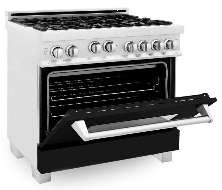 ZLINE Appliance Package - 36" Professional Gas Range in DuraSnow® with Black Matte Door & 36" Range Hood - 2KP-RGSBLMRH36