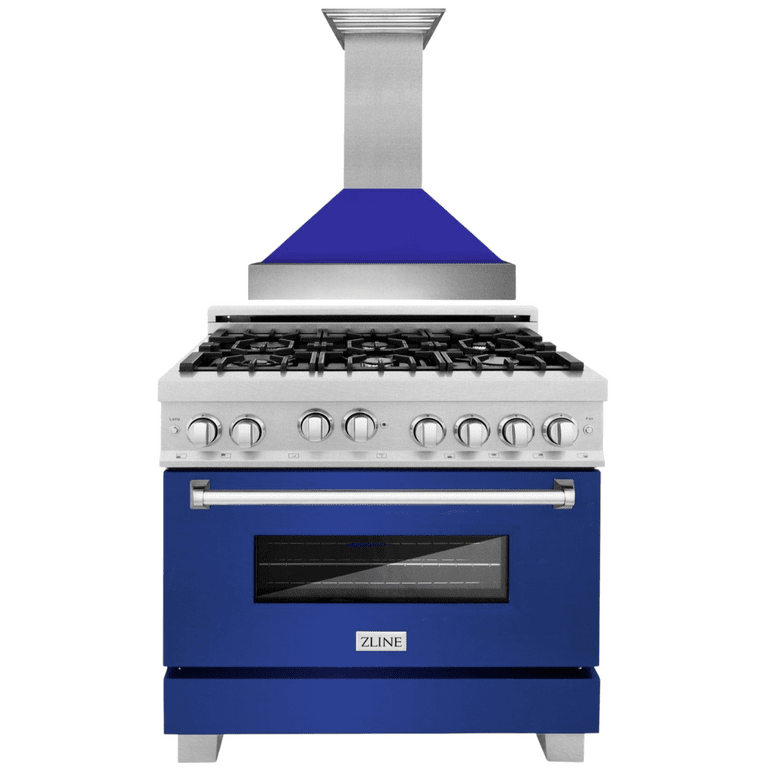 ZLINE Appliance Package - 36" Professional Gas Range in DuraSnow® with Blue Matte Door & 36" Range Hood 