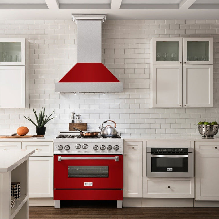 ZLINE Appliance Package - 36" Professional Gas Range in DuraSnow® with Red Gloss Door & 36" Range Hood - 2KP-RGSRGRH36