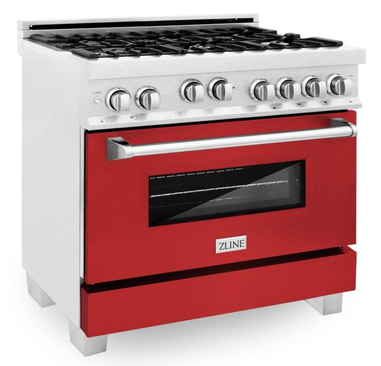 ZLINE Appliance Package - 36" Professional Gas Range in DuraSnow® with Red Matte Door & 36" Range Hood - 2KP-RGSRMRH36
