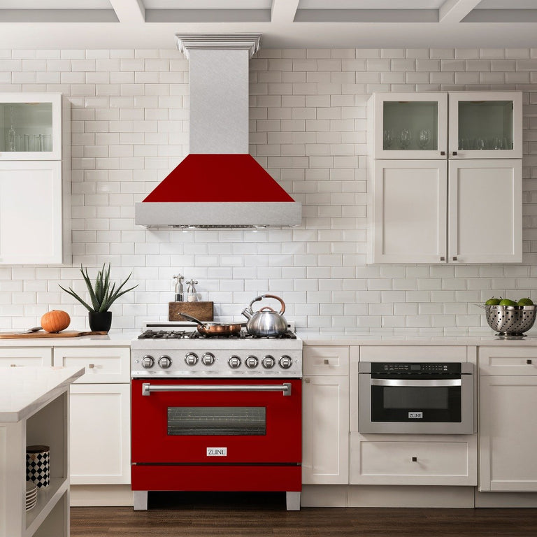 ZLINE Appliance Package - 36" Professional Gas Range in DuraSnow® with Red Matte Door & 36" Range Hood - 2KP-RGSRMRH36