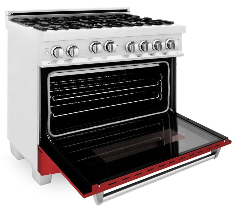 ZLINE Appliance Package - 36" Professional Gas Range in DuraSnow® with Red Matte Door & 36" Range Hood - 2KP-RGSRMRH36