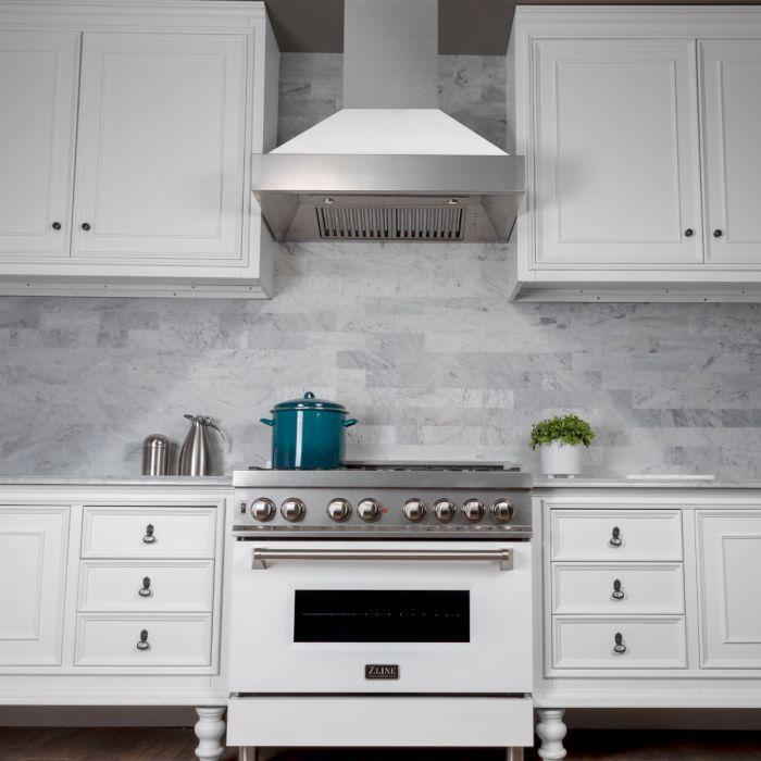 ZLINE Appliance Package - 36" Professional Gas Range in DuraSnow® with White Matte Door & 36" Range Hood Package - 2KP-RGSWMRH36