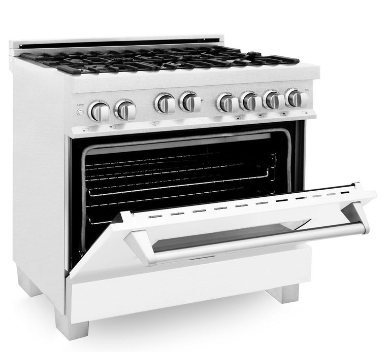 ZLINE Appliance Package - 36" Professional Gas Range in DuraSnow® with White Matte Door & 36" Range Hood Package - 2KP-RGSWMRH36