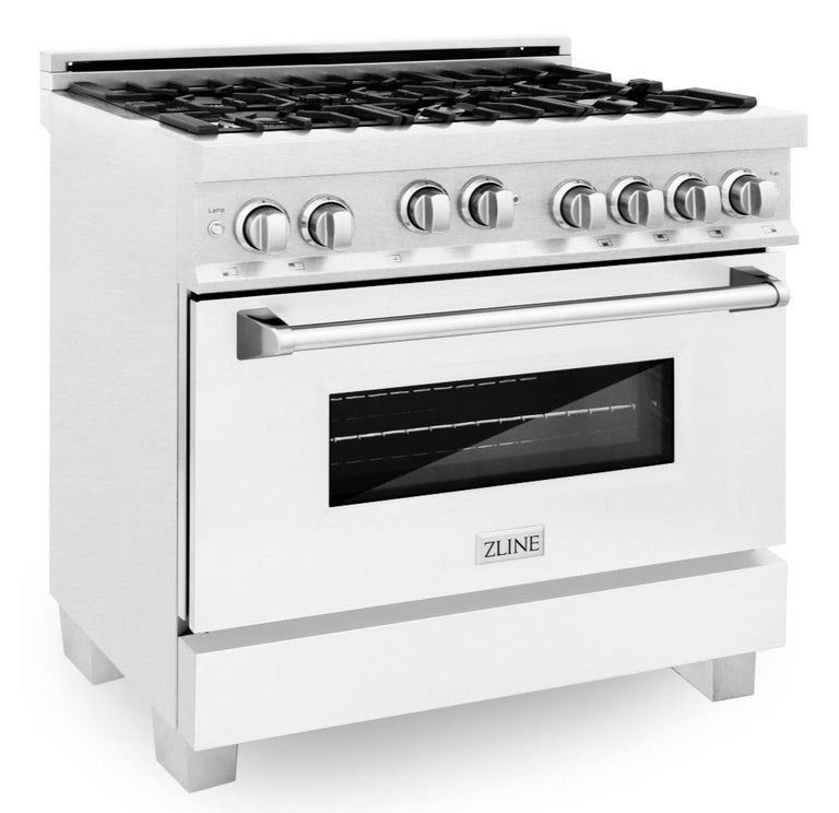 ZLINE Appliance Package - 36" Professional Gas Range in DuraSnow® with White Matte Door & 36" Range Hood Package - 2KP-RGSWMRH36