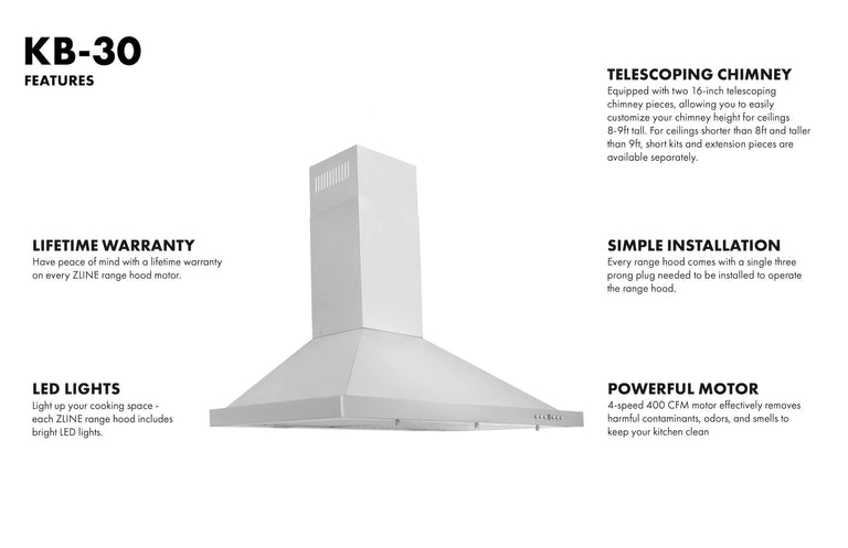 ZLINE 4-Piece Appliance Package - 30 In. Rangetop, Range Hood, Refrigerator, and Double Wall Oven in Stainless Steel - 4KPR-RTRH30-AWS