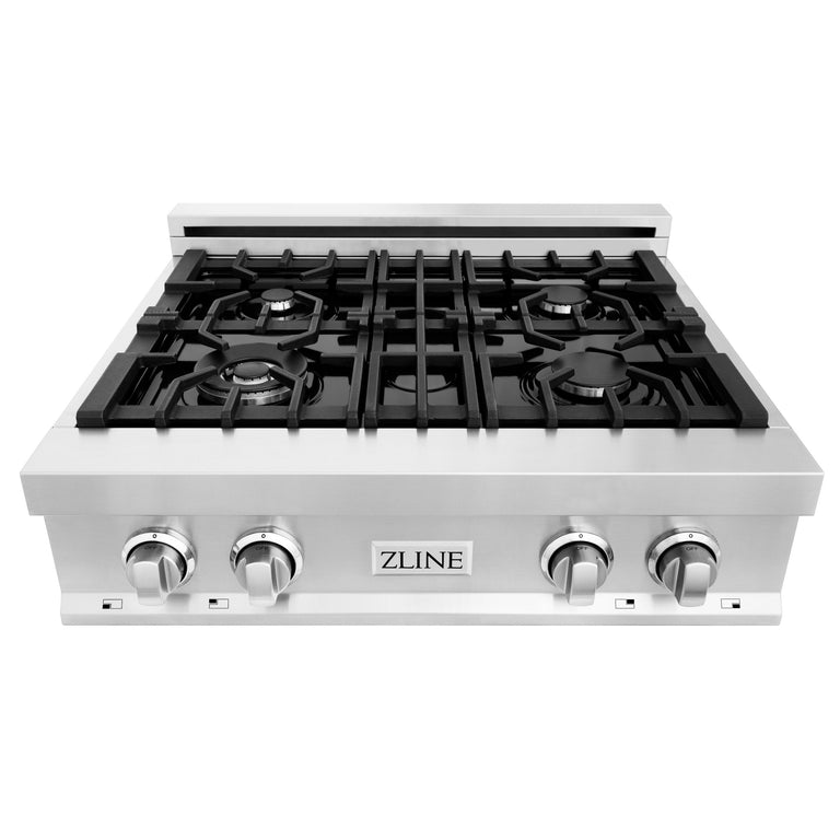 ZLINE 4-Piece Appliance Package - 30 In. Rangetop, Range Hood, Refrigerator, and Double Wall Oven in Stainless Steel - 4KPR-RTRH30-AWS