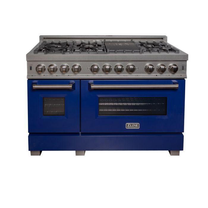 ZLINE Appliance Package - 48" Dual Fuel Range with Blue Gloss Door & 48" Range Hood - 2KP-RASBGRH48
