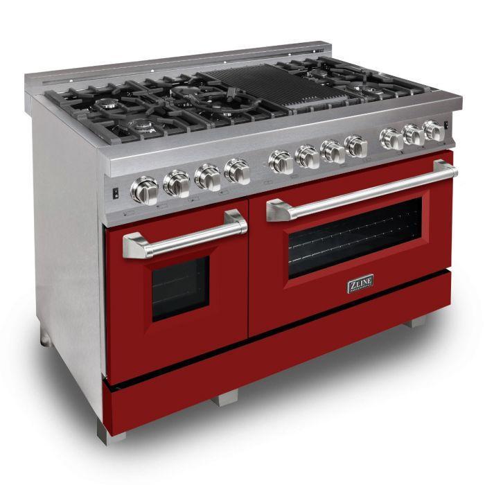 ZLINE Appliance Package - 48" Dual Fuel Range with Red Matte Door & 48" Range Hood - 2KP-RASRMRH48