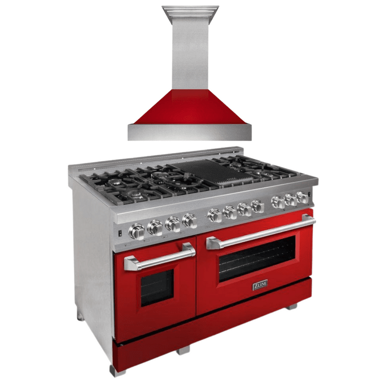 ZLINE Appliance Package - 48 in. Dual Fuel Range with Red Gloss Door & 48 in. Range Hood Package 