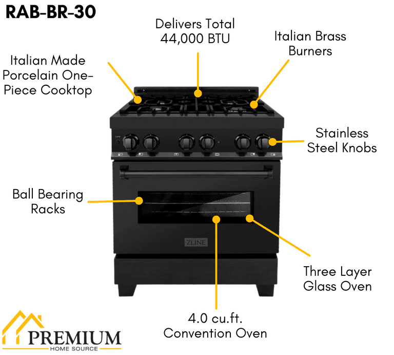 ZLINE Appliance Package - 30 in. Dual Fuel Range, Range Hood, Microwave Drawer, Refrigerator in Black Stainless - 4KPR-RABRH30-MW