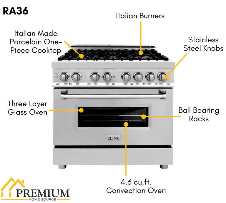 ZLINE Appliance Package - 36 in. Dual Fuel Range, Range Hood, Microwave Oven, 3KP-RARHC36-DWV