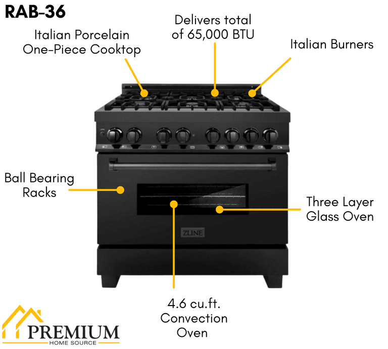 ZLINE Appliance Package - 36 in. Dual Fuel Range, Range Hood, Microwave Oven, Dishwasher in Black Stainless Steel, 4KP-RABRH36-MODW