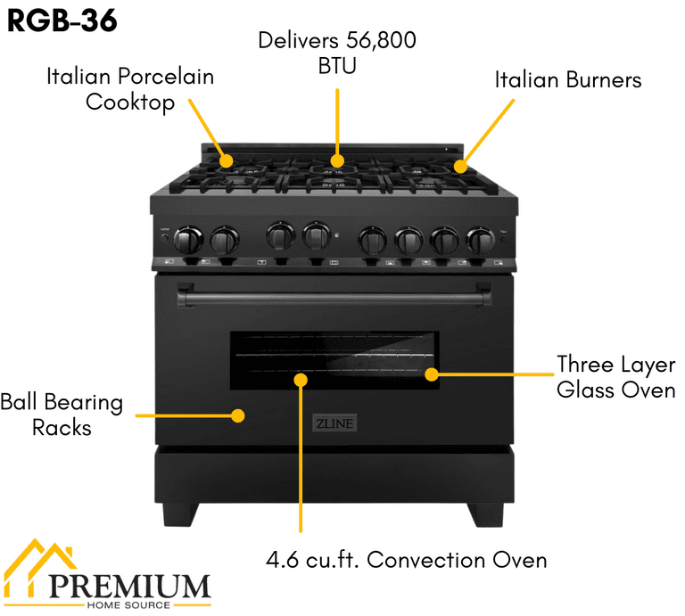 ZLINE Appliance Package 36 in. Gas Range, 36 in. Range Hood - Black Stainless, 2KP-RGBRH36