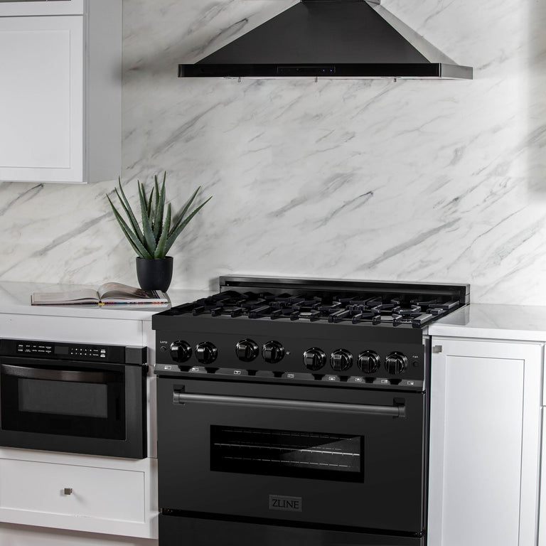 ZLINE Appliance Package - 36 in. Gas Range, Range Hood, Microwave Drawer - Black Stainless Steel, 3KP-RGBRBRH36-MW