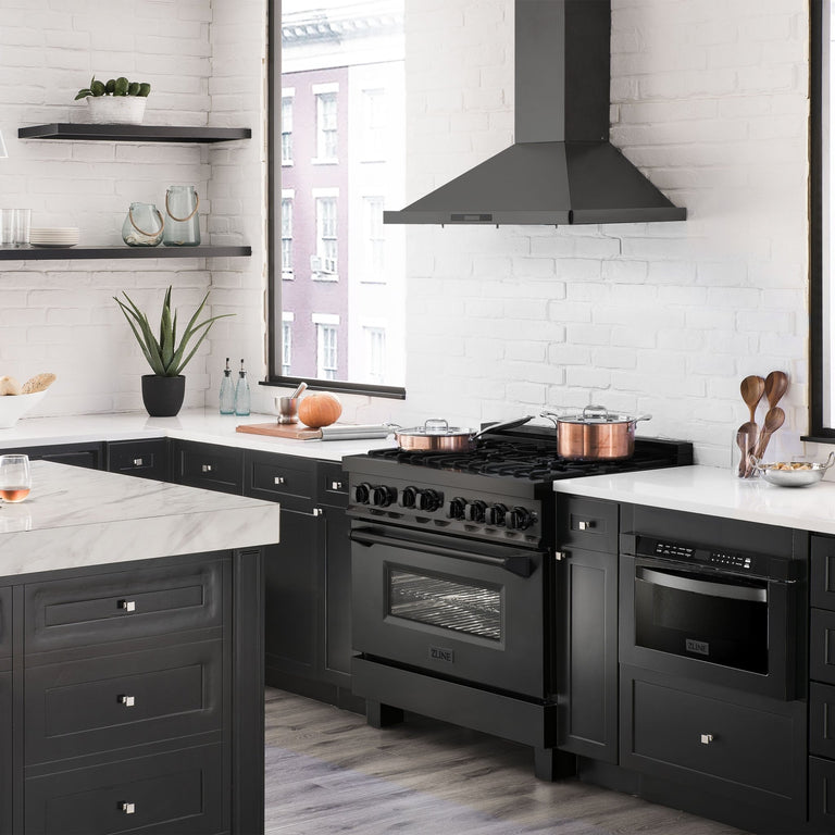 ZLINE Appliance Package - 36 in. Gas Range, Range Hood, Microwave Drawer - Black Stainless Steel, 3KP-RGBRBRH36-MW