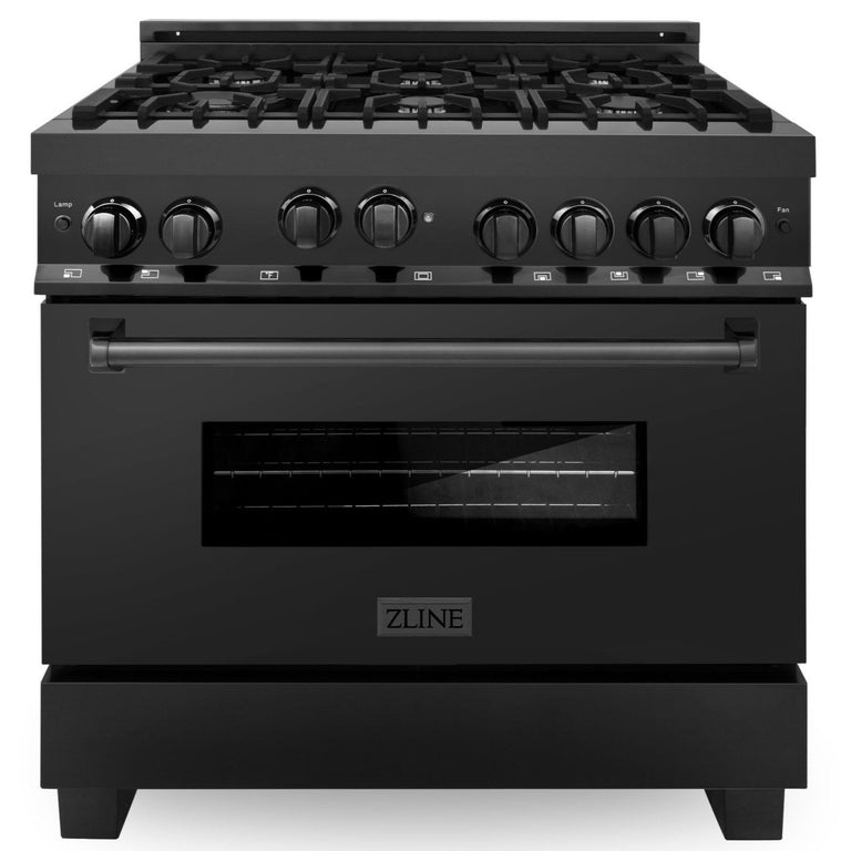ZLINE Appliance Package - 36 in. Gas Range, Range Hood, Microwave Drawer - Black Stainless Steel, 3KP-RGBRBRH36-MW