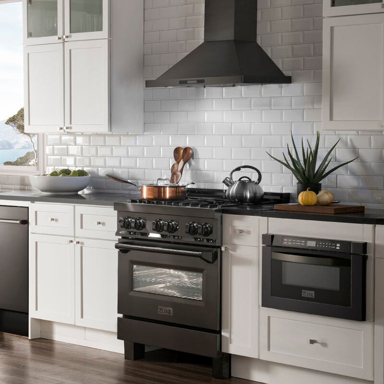 ZLINE Appliance Package - 36 in. Gas Range, Range Hood, Microwave Drawer - Black Stainless Steel, 3KP-RGBRBRH36-MW