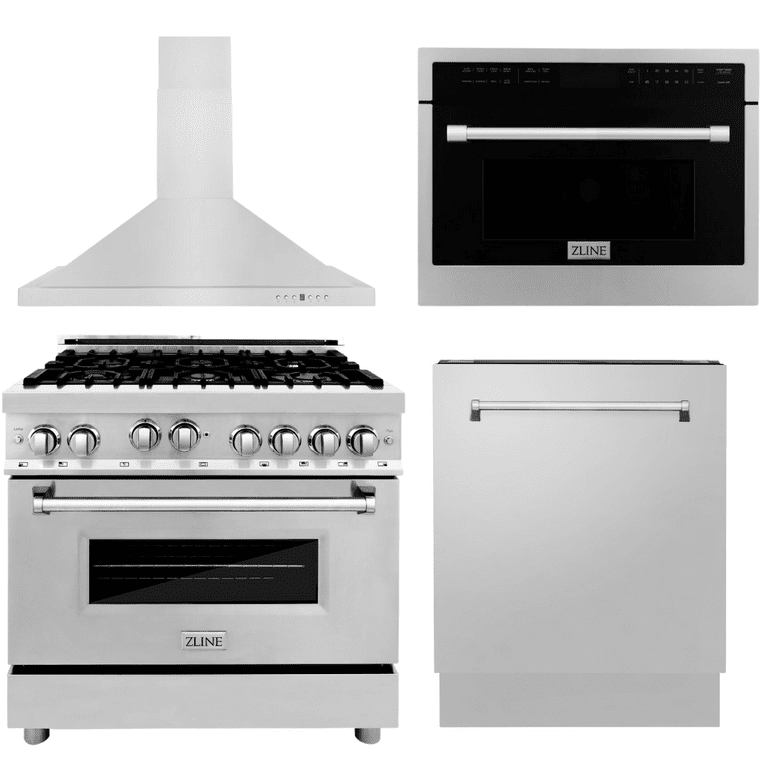 ZLINE Appliance Package - 36 in. Gas Range, Range Hood, Microwave Oven, 3 Rack Dishwasher, 4KP-RGRH36-MODWV
