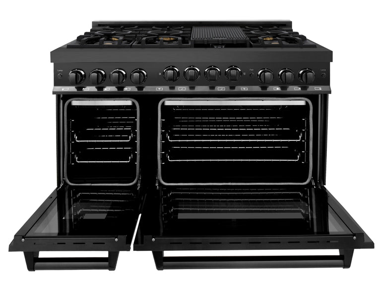 ZLINE Appliance Package - 48 in. Gas Range, Range Hood, Microwave Drawer in Black, 3KP-RGBRH48-MW