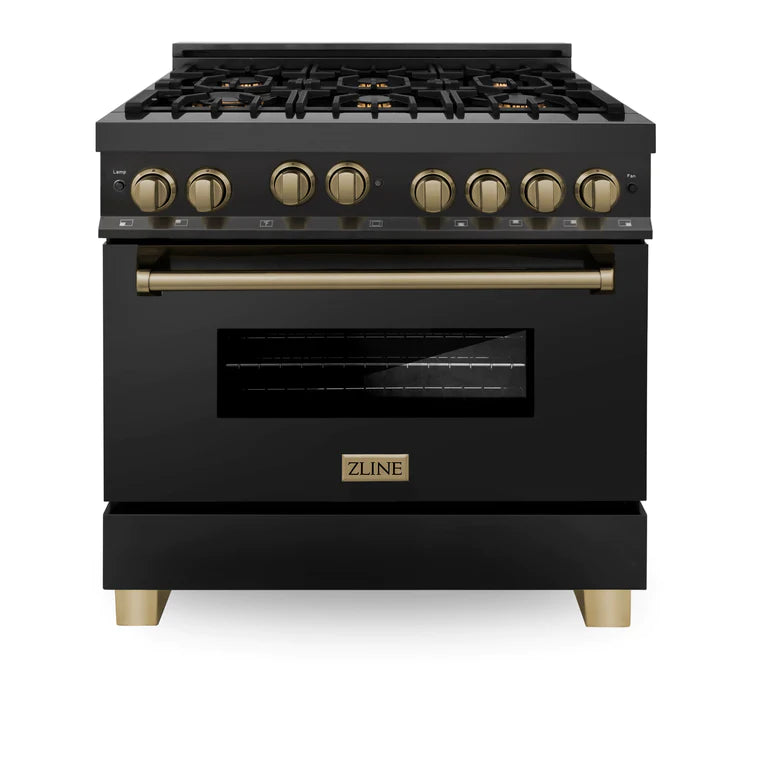 ZLINE Autograph 36 in. Gas Burner/Gas Oven Range in Black Stainless Steel with Champagne Bronze Accents, RGBZ-36-CB