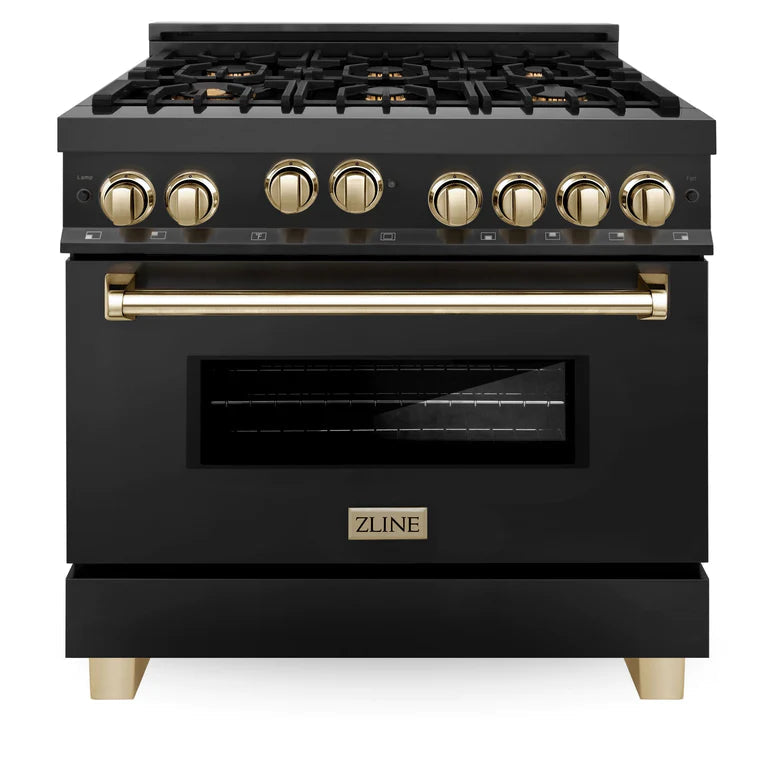 ZLINE Autograph 36 in. Gas Burner/Gas Oven Range in Black Stainless Steel with Gold Accents, RGBZ-36-G