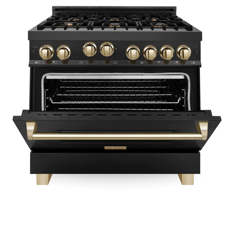 ZLINE Autograph 36 in. Gas Burner/Gas Oven Range in Black Stainless Steel with Gold Accents, RGBZ-36-G