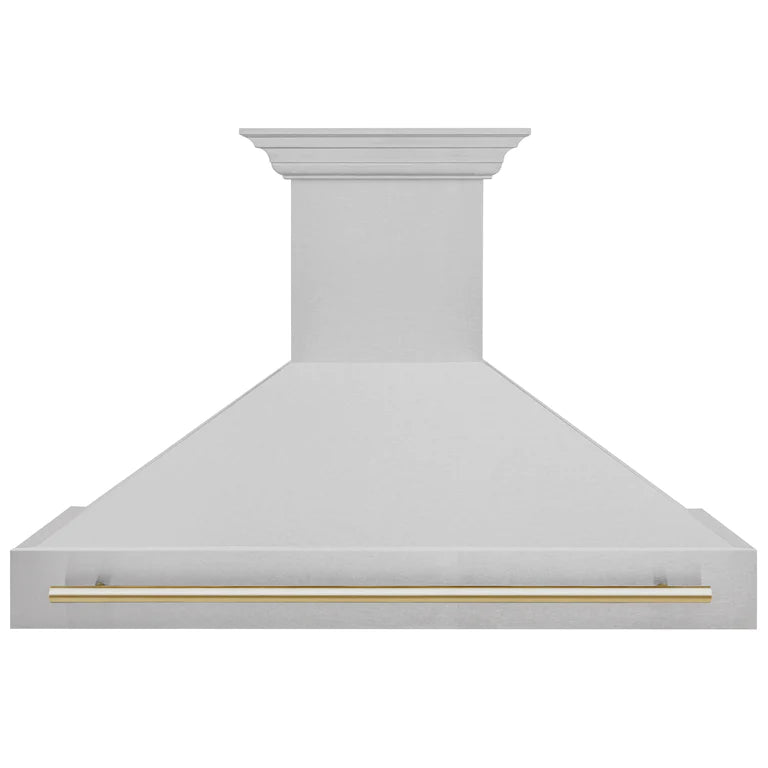 ZLINE Autograph 48 Inch DuraSnow Stainless Steel Range Hood with DuraSnow Shell and Gold Handle, 8654SNZ-48-G