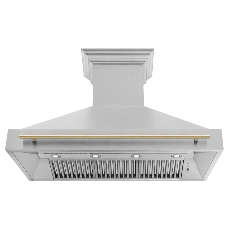 ZLINE Autograph 48 Inch DuraSnow Stainless Steel Range Hood with DuraSnow Shell and Gold Handle, 8654SNZ-48-G