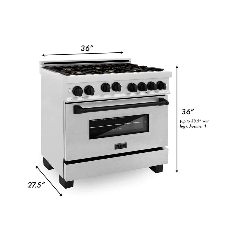ZLINE Autograph Edition 36 in. 4.6 cu. ft. Gas Burner/Gas Oven Range in DuraSnow with Matte Black Accents, RGSZ-SN-36-MB
