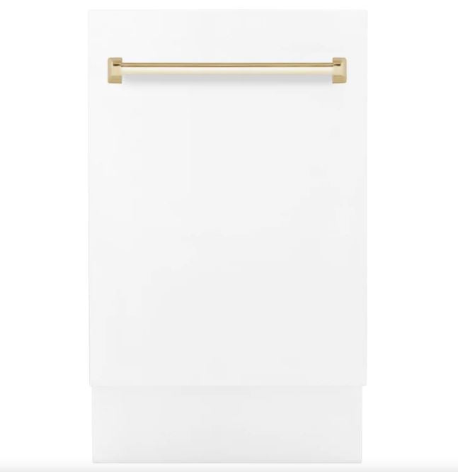 ZLINE Autograph Series 18 In. Dishwasher in White Matte with Gold Handle, DWVZ-WM-18-G