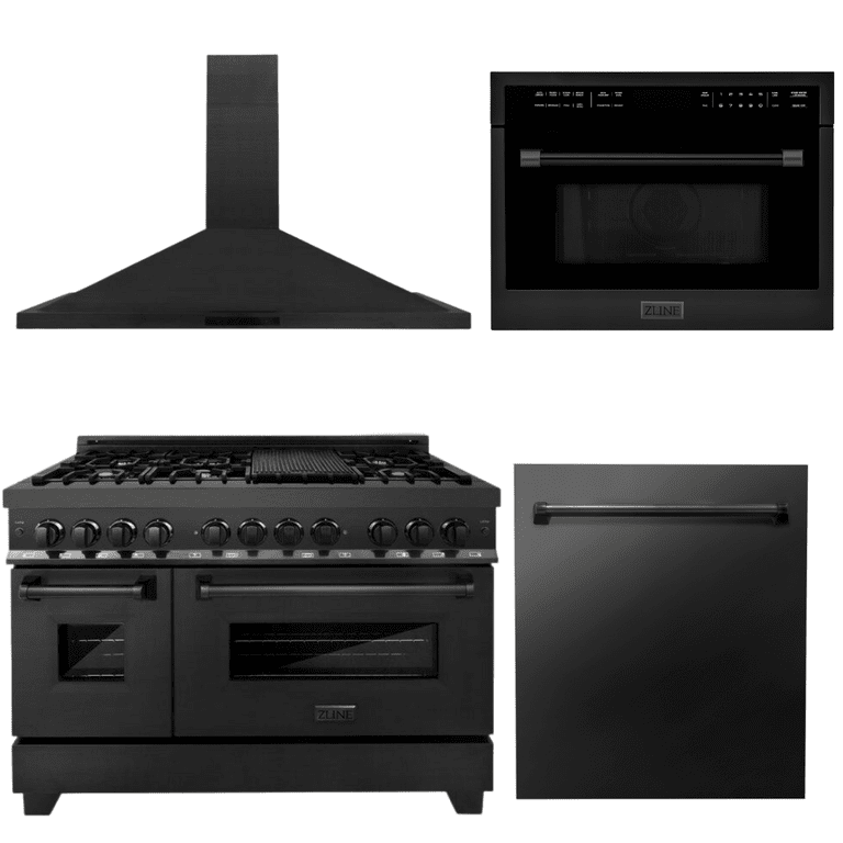ZLINE Black Stainless Steel Package - 48 in. Dual Fuel Range, Range Hood, Microwave Oven, Dishwasher, 4KP-RABRH48-MODW