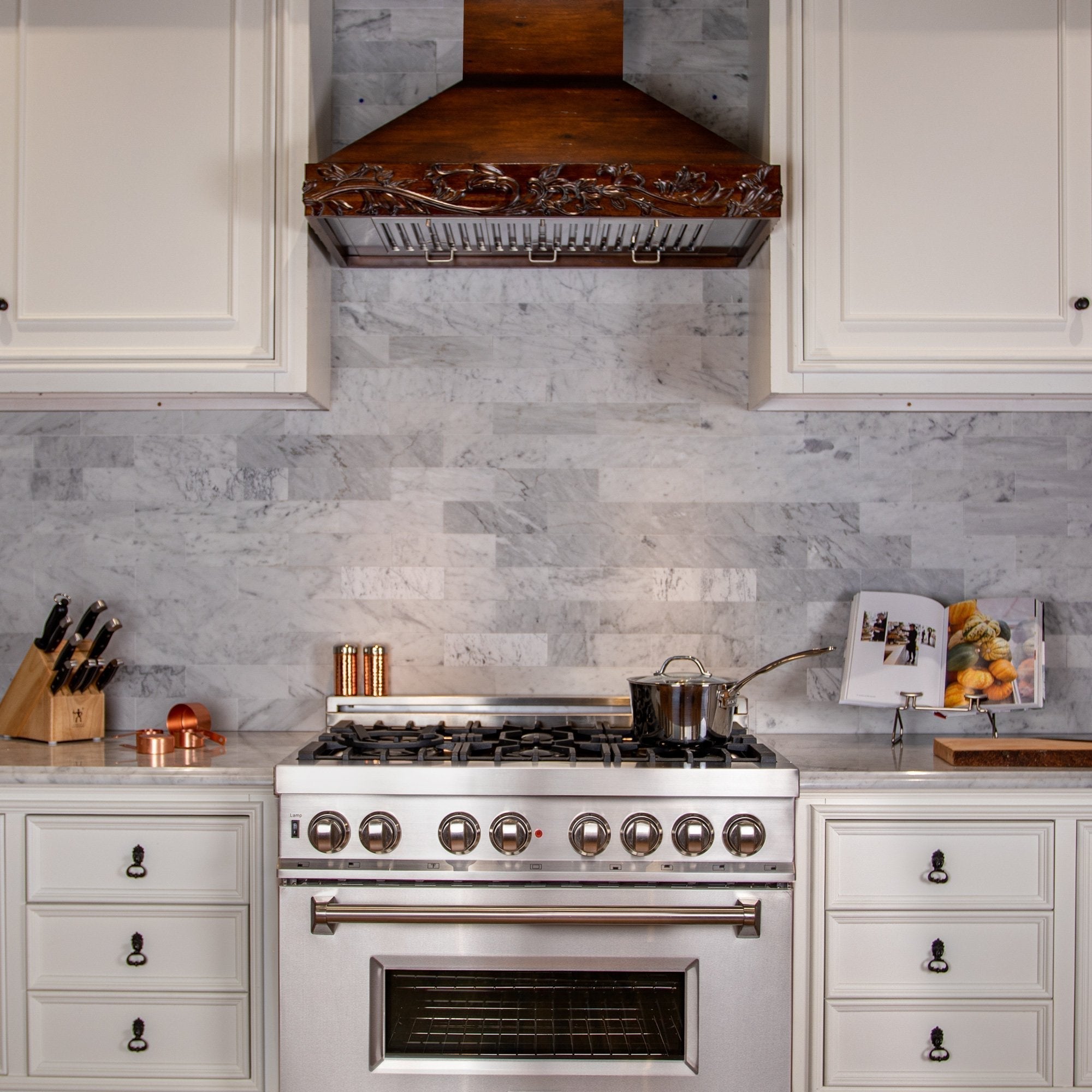 ZLINE Carved Wooden Wall Mount Range Hood in Walnut - Includes Motor - KBRRC