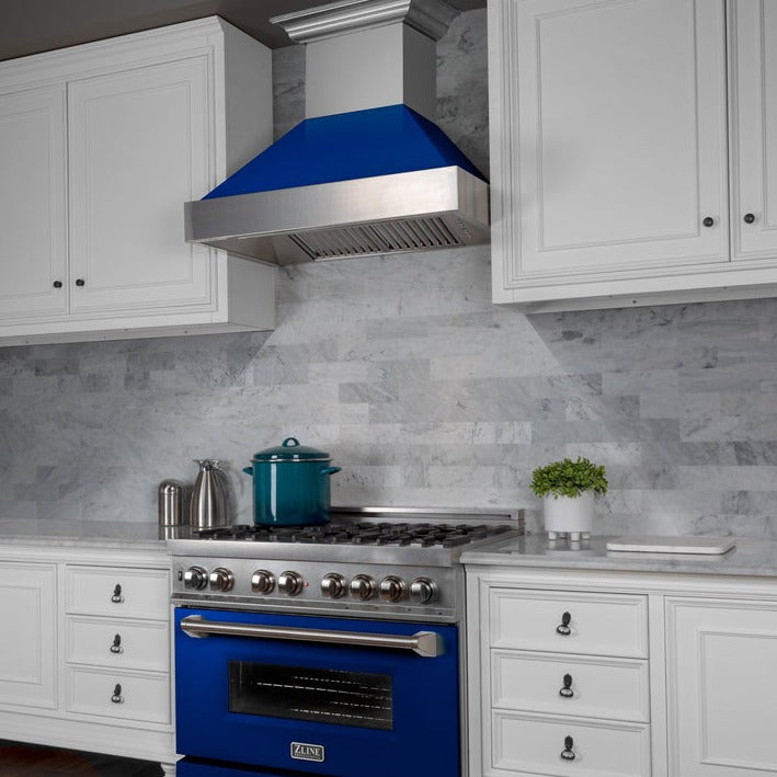 zline-36-kitchen-package-with-zline-durasnow-stainless-steel-gas-range-with-blue-gloss-door-and-convertible-vent-range-hood-2kp-rgsbgrh36