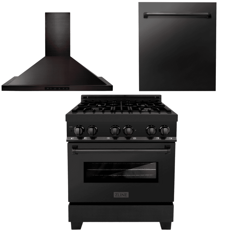 ZLINE Package - 30 in. Dual Fuel Range, Range Hood & Dishwasher in Black Stainless Steel, 3KP-RABRH30-DW